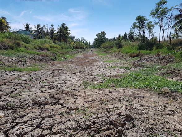 Kênh rạch vùng dự án ngọt hoá Gò Công bị khô hạn trong mùa khô 2019-2020. Ảnh: Trung Chánh