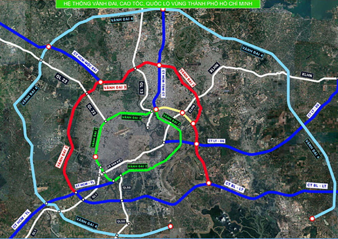 Sơ đồ hệ thống vành đai, cao tốc, quốc lộ vùng TPHCM – Ảnh: Báo cáo nghiên cứu tiền khả thi dự án vành đai 3