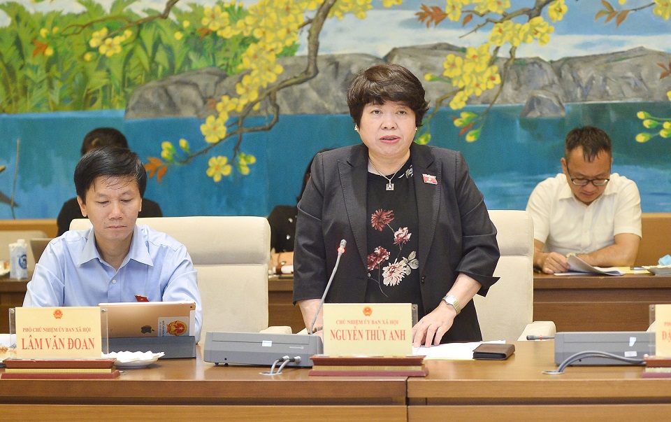 Bà Nguyễn Thúy Anh, Chủ nhiệm Ủy ban Xã hội của Quốc hội phát biểu tại phiên họp. Ảnh: Quốc hội 
